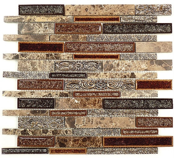 Tranquil Linear - TS-944 Scottsdale Brass - Random Brick Crackle Jewel Glass & Natural Stone Decorative Mosaic Tile - Sample