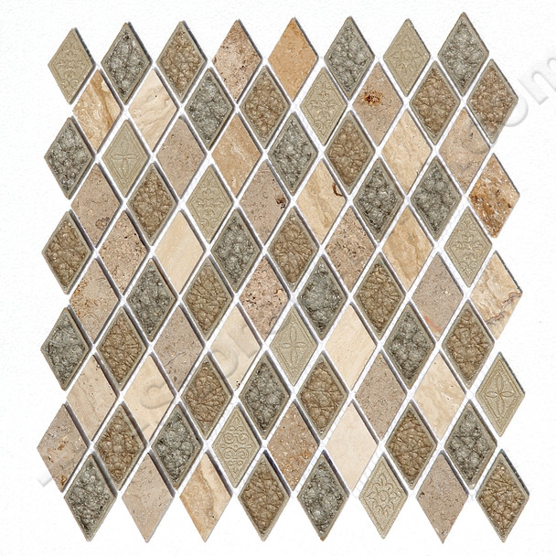 Supplier: Tile Store Online, Series: Coastline, Name: Sand Dollar Diamond, Type: Crackle Jewel Glass Stone Resin Mosaic Tile, Size: Diamond Rhomboid