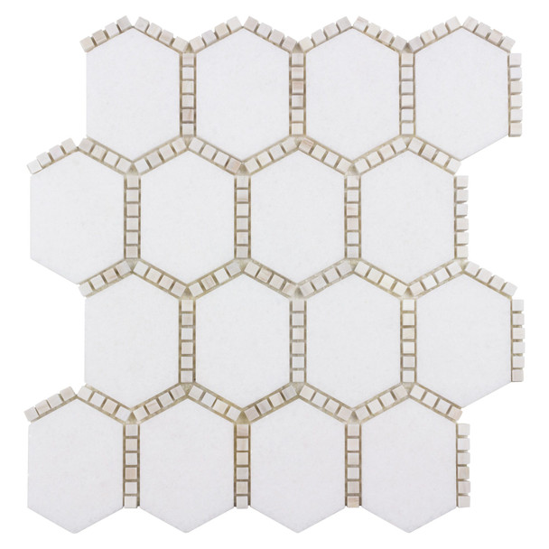 Anthology Tile - The Finish Line - Jeweled Hex Pale Beige - White Long Hexagon Diamond Marble Mosaic