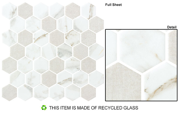 New Belfont - NBT 5431 Italica Charm - 2" Inch Hexagon Calacatta Marble Mix Recycled Glass Tile Mosaic