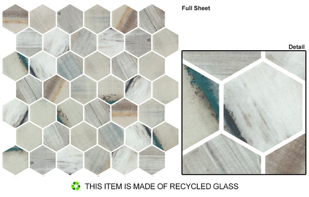 New Belfont - NBT 5433 Merida Allure - Taupe Blue Mix - 2" Inch Hexagon Recycled Glass Tile Mosaic