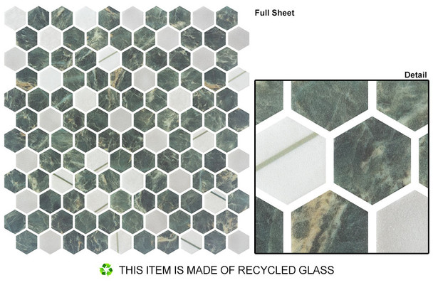 Aragon Hills - AGH 5412 Lodge Clover Green White Mix - 1" Inch Hexagon - Recycled Glass Tile Mosaic
