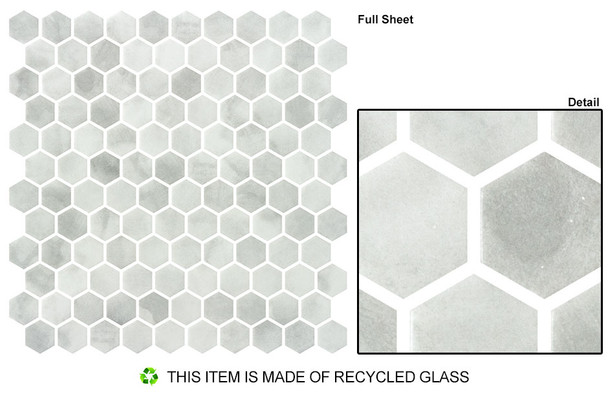 Luxacious Bay - LXB 5441 Riviera Beach White Gray - 1" Inch Hexagon - Recycled Glass Tile Mosaic