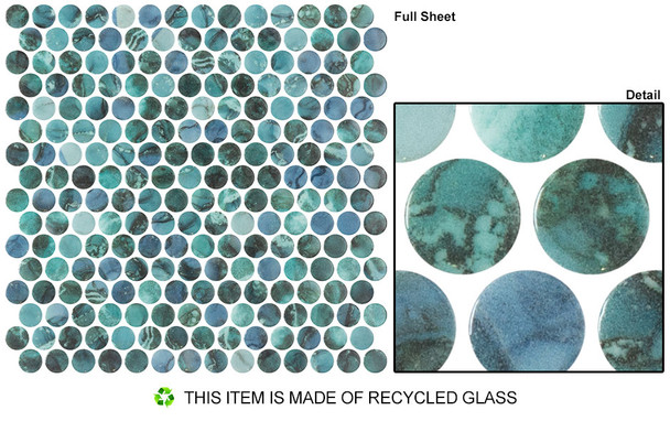 Tahiti Isles - TI 5423 Morea Lagoon Blue/Green Blend - Penny Round Recycled Glass Tile Mosaic