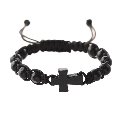 bracelet - Black corded w/cross and beads - adjustable