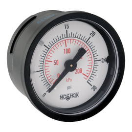 2-1/2" NOSHOK 100 Series Acrylonitrile Butadiene Styrene (ABS) & Steel Case Dry Pressure Gauges, 25-110-300-psi/kPa-CFF, ABS Case, Copper Alloy Internals, 300 psi/kPa, 1/4" NPT Back Connection, Chrome Front Flange