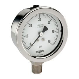 2-1/2" NOSHOK 25-500-1000-psi-MIP Pressure Gauge with Glycerin Filled and Maximum Indicating Pointer -1/4" NPT Male Bottom Connection, 304 Stainless Steel Case