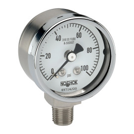 2-1/2" NOSHOK 400/500 Series All Stainless Steel Dry & Liquid Filled Pressure Gauges, 25-500-15000-psi/kPa-GY40, 304 SS Case, 316 SS Internals, 15,000 psi/kPa, 1/4" NPT Male Bottom Connection, -40 Degree Service Filled