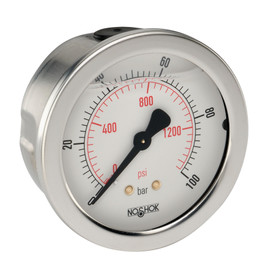 2-1/2" NOSHOK 900 Series Acrylonitrile Butadiene Styrene & Stainless Steel Liquid Filled Pressure Gauges, 25-910-100-psi/kPa-PMC, Acrylonitrile Butadiene Styrene Case, 100 psi/kPa, 1/4" NPT Male Back Connection, Glycerin Filled, Panel Mount Clamp