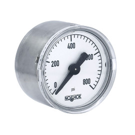 NOSHOK 100 Series Acrylonitrile Butadiene Styrene (ABS) & Steel Case Dry Pressure Gauges, 15-110-800-psi-SSC, 1-1/2" 304 SS Case, Copper Alloy Internals, 800 psi, 1/8 NPT Back Connector