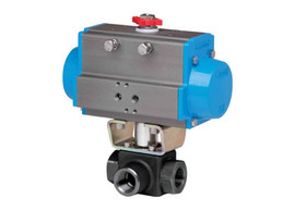 Bonomi 8P3402 Series - Ball Valve, 3-way, L-Port, Carbon Steel, FNPT Threaded, Full Port, with Spring Return Pneumatic Actuator