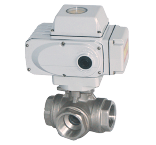 STC E 1/2" NPT -L" NPT Electric Actuated Valve 3 Way, L Port with Actuator, and On/Off Indicator