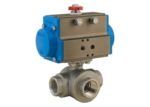 2-1/2" Bonomi 8P0139 - 3 Way, Stainless Steel, Standard Port, T-Port, NPT, Ball Valve with Double Acting Pneumatic Actuator.