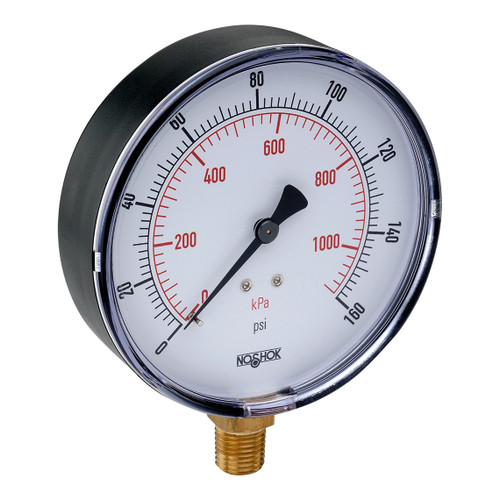4" NOSHOK 40-100-100-psi/kPa-BSC Pressure Gauge -1/4" NPT Male Bottom Connection, Black Steel Case