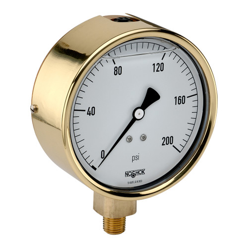 4" NOSHOK 40-300-800-psi/kPa Pressure Gauge with Glycerin Filled - NPT Bottom Connection, Brass Case