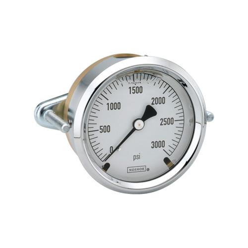 2-1/2" NOSHOK 25-310-100-psi-CBU Pressure Gauge with Glycerin Filled, Chrome Bezel, and U-Clamp - NPT Back Connection, Brass Case