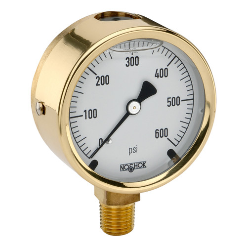 2-1/2" NOSHOK 25-300-2000-psi-MIP Pressure Gauge with Glycerin Filled and Maximum Indicating Pointer - NPT Male Bottom Connection, Brass Case