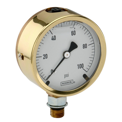 2-1/2" NOSHOK 25-300-SST-5000-psi/kPa Pressure Gauge with Glycerin Fill -  Male Bottom Connection, Brass Case