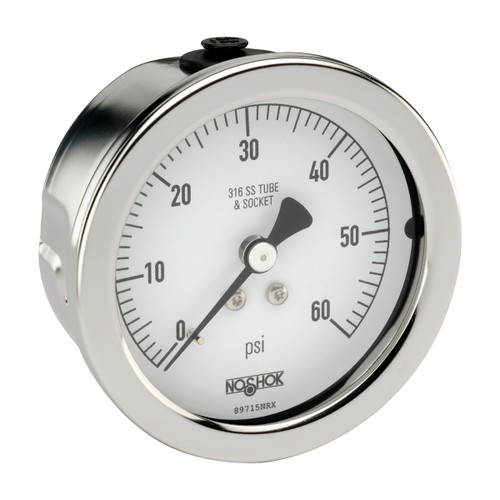 2-1/2" NOSHOK 25-510-30/60-psi/kg/cm2 Pressure Gauge with Glycerin Filled -1/4" NPT Back Connection, 304 Stainless Steel Case