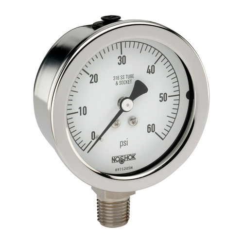 2-1/2" NOSHOK 25-500-600-psi-MIP Pressure Gauge with Glycerin Filled and Maximum Indicating Pointer -1/4" NPT Male Bottom Connection, 304 Stainless Steel Case