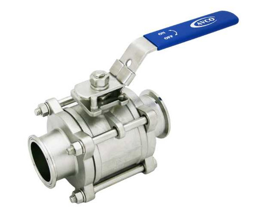 1/2" AVCO 500 Sanitary Ball Valve, 3 Piece, 316 Stainless Steel Body, Full Port, Clamp with Direct Mount Pad and Locking Handle
