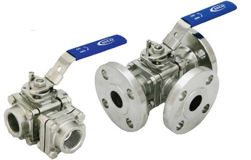 3/4" AVCO 1800 Diverter Ball Valve, 3 Way, 3 Piece, 316 Stainless Steel, 150# Flange, Side Entry with Locking Handle