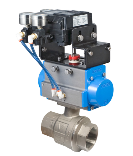 1/2" Bonomi PP700076V*DA 30°/60°/90° V-Port Ball Valve, 2-Way, 2 Piece, Stainless Steel, NPT Threaded, Full Port, with Double Acting Pneumatic Actuator and Pneumatic Positioner