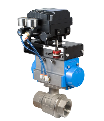 1-1/4" Bonomi EP700076V*DA 30/ 60/ 90° V-Port Ball Valve, 2-Way, 2 Piece, Stainless Steel, NPT Threaded, Full Port, with Double Acting Pneumatic Actuator And Electro-Pneumatic Positioner
