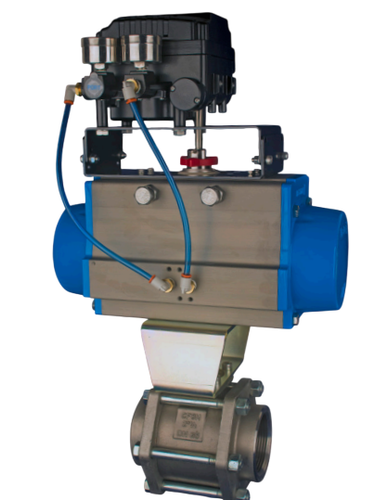 1-1/2" Bonomi EP710190V**DA 30/ 60/ 90° V-Port Ball Valve, 3 Piece, 2-Way, Stainless Steel, NPT Threaded, Full Port, With Double Acting Pneumatic Actuator and Electric ENP-B 4-20mA psi Positioner