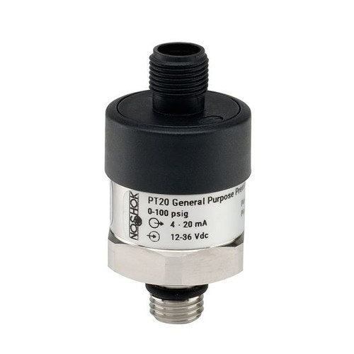 NOSHOK PT20 Series General Purpose Fixed Range Pressure Transmitter PT20-300PSIG-1-2-45-25, 0 to 300psig, 7/16-20 Male SAE J514 FIG 34B (Non-Adjustable), M12 x 1 4 pin