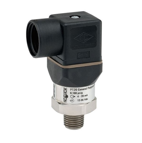 NOSHOK PT20 Series General Purpose Fixed Range Pressure Transmitter PT20-10000PSIG-1-5-45-14, 0 to 10000psig, 7/16-20 Male SAE J514 FIG 34B (Non-Adjustable), DIN Form A With 1/2 NPT Female Conduit