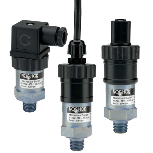 NOSHOK 300 Series Mechanical Compact Single Pole Double Throw (SPDT) Pressure Switches with Adjustable Hysteresis, 300H-3-2-450/4600-113, 1/4" National Pipe Thread (NPT) Male, 450 to 4,600 psig, Weatherpack Shroud, 3-Pin Male, Attached to 18"