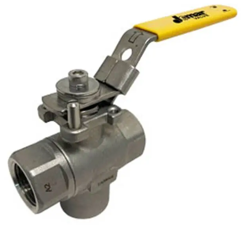 1" Jomar Valve T-SS-1050N-3L, 2 Piece, Reduced Port, 3 Way Dispenser Valve, Stainless Steel, NPT Threaded, Stainless Steel Ball & Stem, 1000 WOG Ball Valve