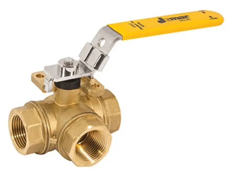 1/4" Jomar Valve A751L, 3-Way, L-Port, Standard Port, Brass, NPT Threaded, ISO Mounting Pad, 400 WOG Ball Valve