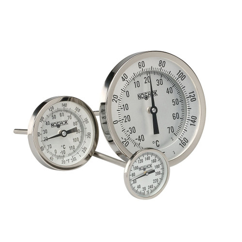 3" NOSHOK 100 Series Industrial Type Bimetal Thermometers, 30-110-060-150/750-F/C, Bimetal, 1/2" NPT Back Connection, 6" Stem Length, 150/750 ºF/ºC, Dual Temperature Scale