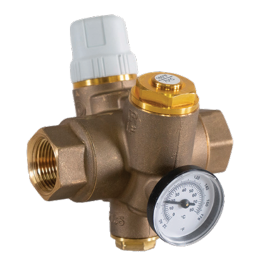 Jomar Valve TB-130G Series, Thermostatic Balancing Valve, Dezincification Resistant Lead-Free Brass, NPT Threaded, Automatic Thermal Disinfection, Thermometer, 150 CWP. Optional Check Valve.