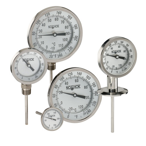 5" NOSHOK 300 Series Industrial Type Bimetal Thermometers, 50-320-090-200/1000-F/C, Bimetal, 1/2" NPT Adjustable Connection, 9" Stem Length, 200/1000 ºF/ºC, Dual Temperature Scale