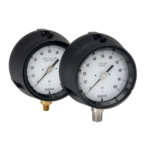 4-1/2" NOSHOK 600/700 Series Process Dry & Liquid Filled Pressure Gauges, 45-640-30/15-psi, Brass Internals, 30/15 psi, 1/4" NPT Male Bottom Connection Pressure Gauge
