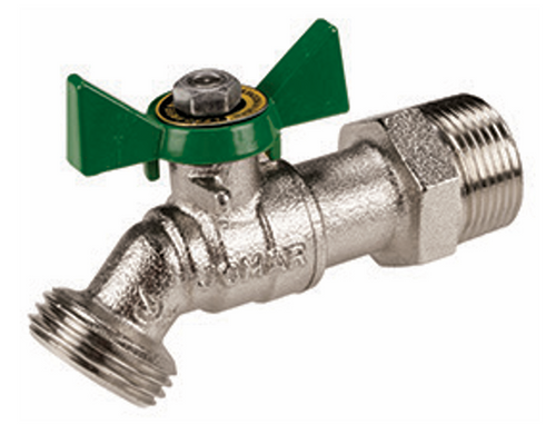 1/2"  Jomar Valve T-632NKG, Quarter Turn Hose Bibb, No Kink, Nickel Plated Finish, MNPT x 3/4" Hose Connection, Internal Solder, T-Handle, 200 WOG