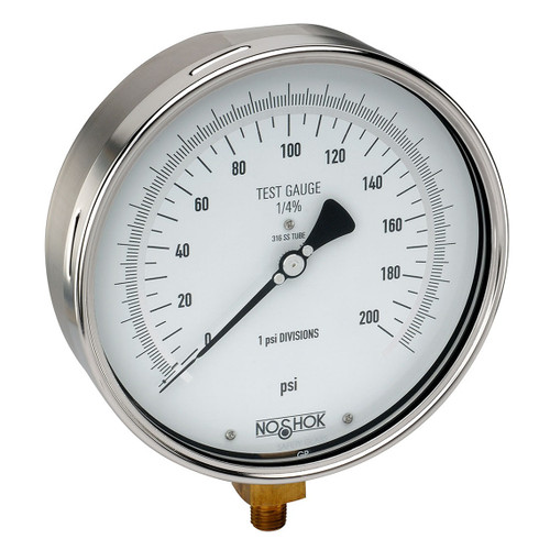 6" NOSHOK 800 Series Precision Test Pressure Gauges, 60-800-600-psi, 304 Stainless Steel Case, Copper Alloy Internals, 0 to 600 psi, 1/4" NPT Bottom Connection