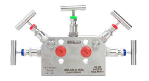 Tek-Trol Tek-Manifold 7500A-5VM-CP-8N-SS, 5-Way Block and Bleed, Multiplanar, PTFE Seal, 316 Stainless Steel Body, 6000 psi