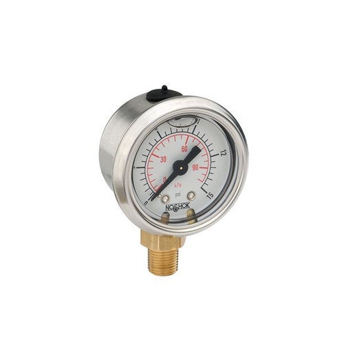 1-1/2" NOSHOK 900 Series Acrylonitrile Butadiene Styrene (ABS) & Stainless Steel Liquid Filled Pressure Gauges, 15-901-2000-psi/kPa, 304 SS Case, Copper Alloy Internals, 2,000 psi/kPa, 1/8" NPT Male Bottom Connection, Glycerin Filled