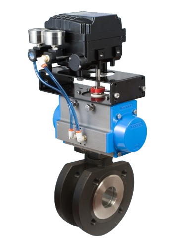 1-1/4" Bonomi EP724102V**SR-1-1/4 30/ 60/ 90° V-Port Ball Valve, Direct Mount, 2-Way, Carbon Steel, ANSI 150 Flanged, Wafer Style, with Spring Return Pneumatic Actuator and Electric ENP-B 4-20mA Positioner