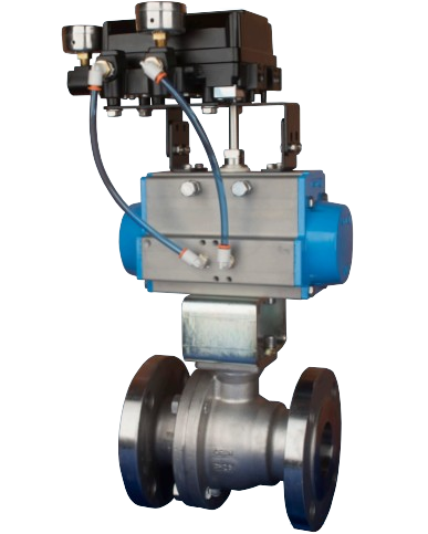 3/4" Bonomi PP760021V**SR-3/4 30-60/60°/90° V-Port Ball Valve, 2-Way, Stainless Steel, ANSI 150 Flanged, For Steam, Split  Body Style, with Spring Return Pneumatic Actuator and Pneumatic PNP-B 3-15 psi Positioner