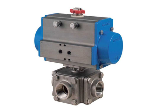 2-1/2" Bonomi SR97X - Ball Valve, Double L-Port, Block Body, Stainless Steel, FNPT Threaded, Full Port, with Spring Return Pneumatic Actuator