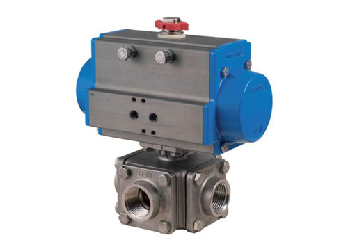1 1/2" Bonomi DA97X - Ball Valve, Double L-Port, Block Body, Stainless Steel, FNPT Threaded, Full Port, with Double Acting Pneumatic Actuator