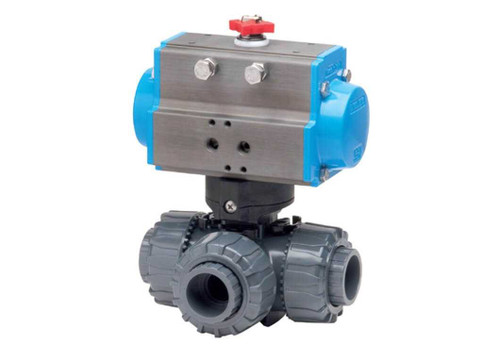 Bonomi 8P3TSRPVC Series - Ball Valve, 3-way, T-port, PVC, Full Port, with Spring Return Pneumatic Actuator