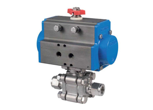 3/8" Bonomi 8P1302 - Ball Valve, 2 way, Stainless Steel, Compression Ends, Standard Port, Direct Mount, with Spring Return Pneumatic Actuator