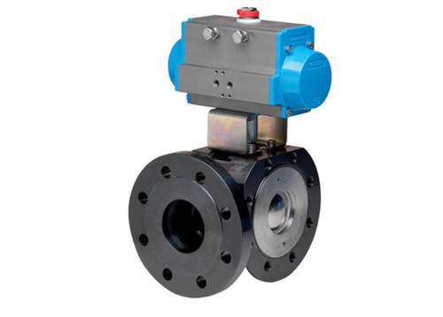 3/4" Bonomi 8P0183 - 3 Way, Carbon Steel, L Port, Ball Valve with Double Acting Pneumatic Actuator