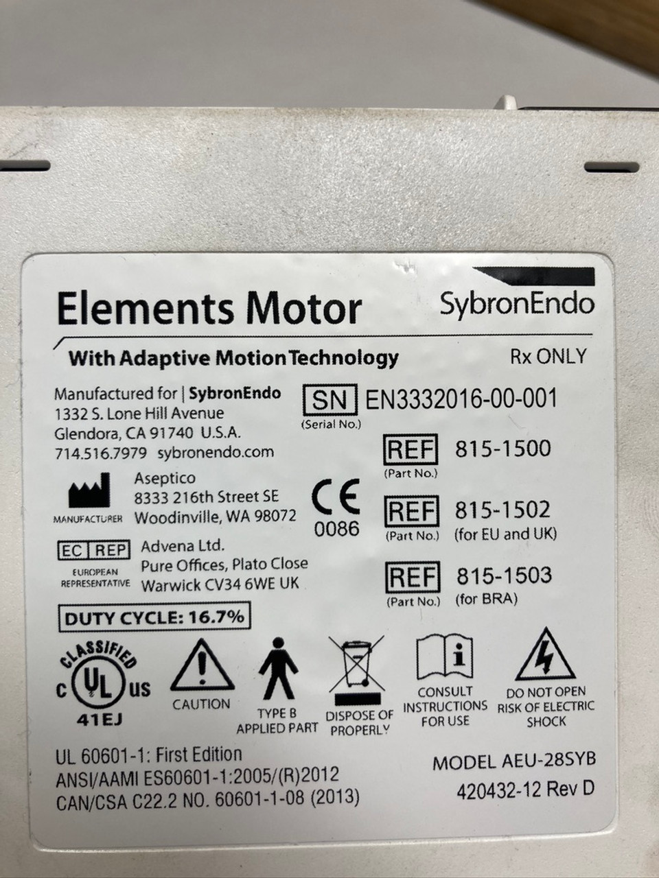 SybronEndo AEU-28SYB Elements Motor 815-1500 Aseptico